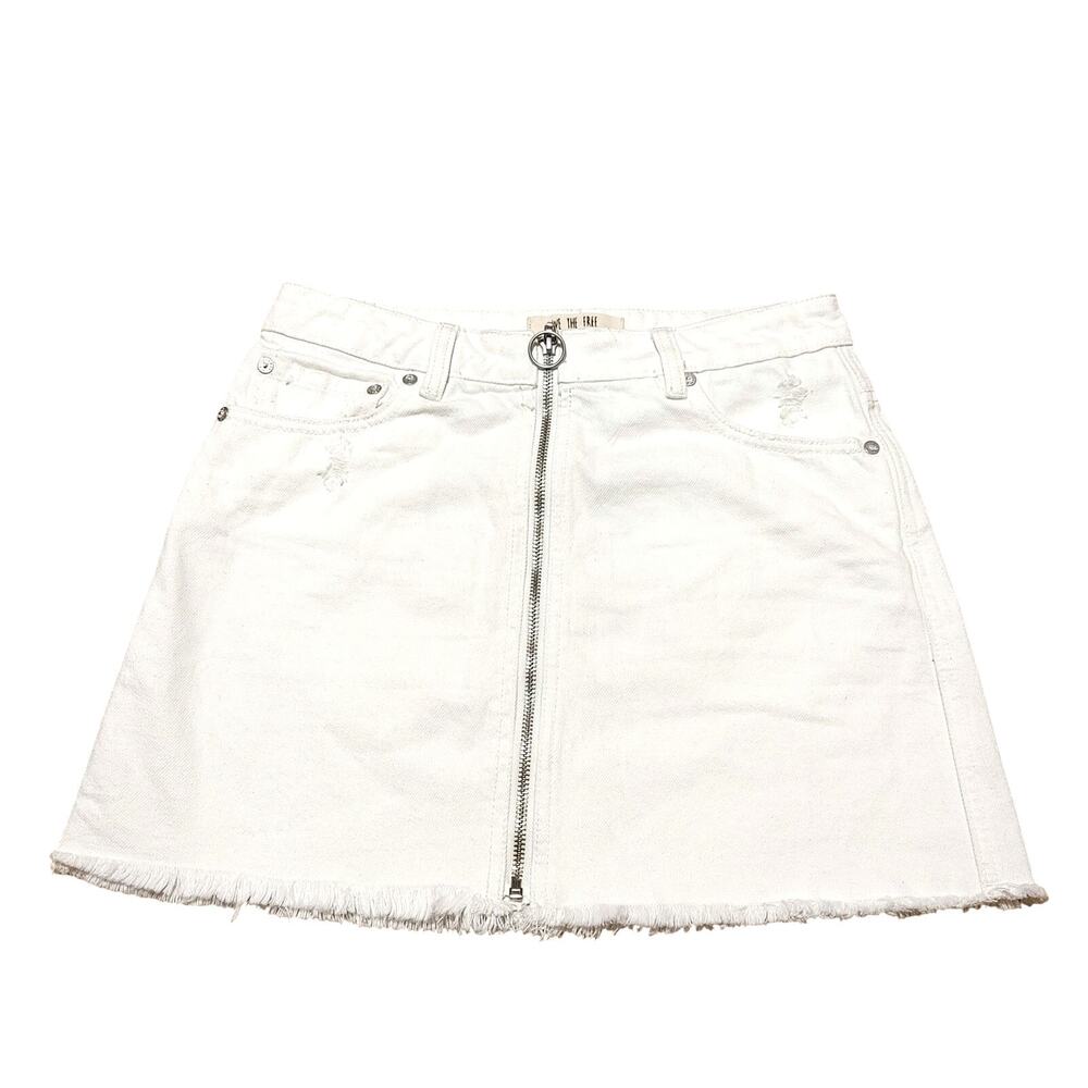 We The Free People FP White Distressed Denim Mini Skirt Zipper Size 25 Classic